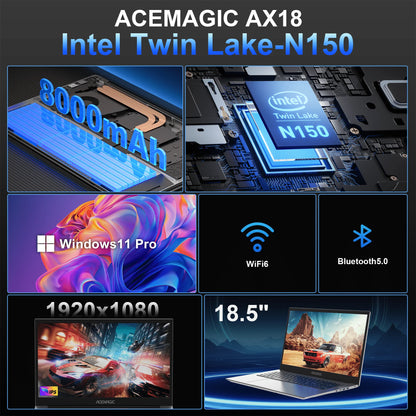 KAMRUI 18.5" Laptop — Intel N150 Quad-Core, 16GB DDR4, 512GB M.2 SSD, 8000mAh Battery, Windows 11 Pro