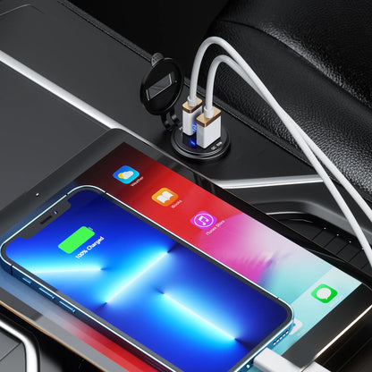 63W Aluminum USB-C Car Charger Socket – PD & QC3.0 Dual Port, 12V/24V for Car, Boat & Motorcycle
