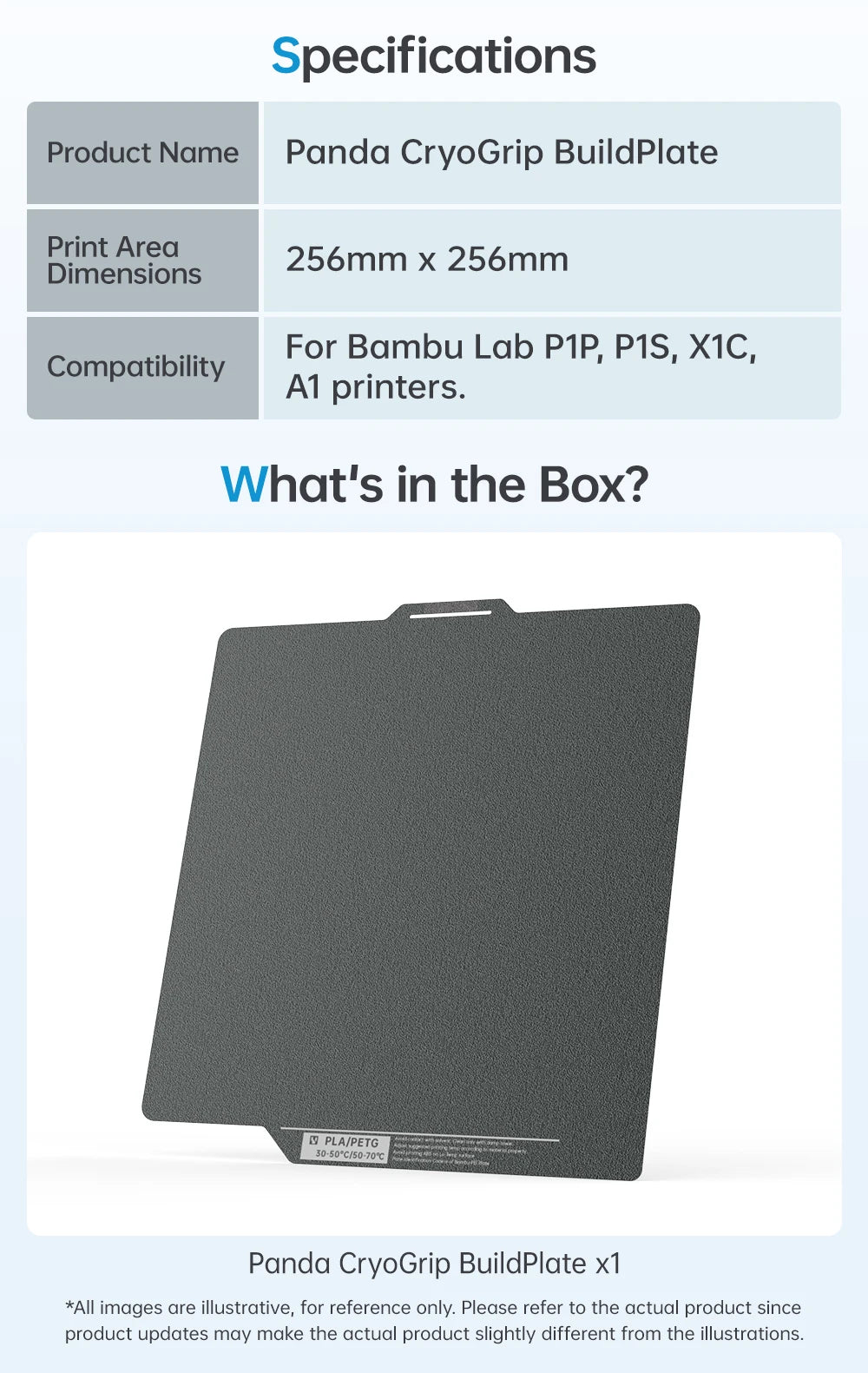 BIQU Panda CryoGrip Build Plate 256x256mm – Spring Steel, Textured, for Bambu Lab P1 & X1