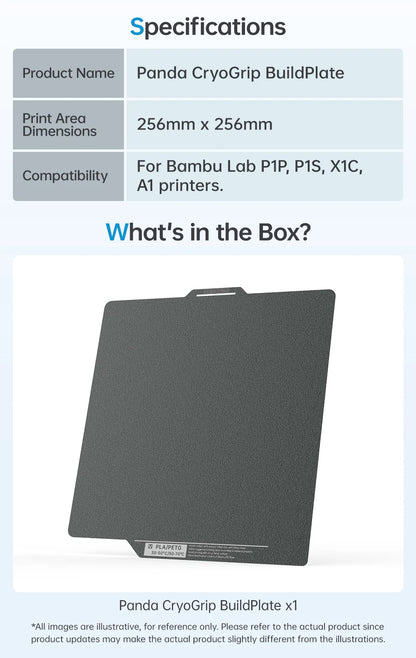 BIQU Panda CryoGrip Build Plate 256x256mm – Spring Steel, Textured, for Bambu Lab P1 & X1