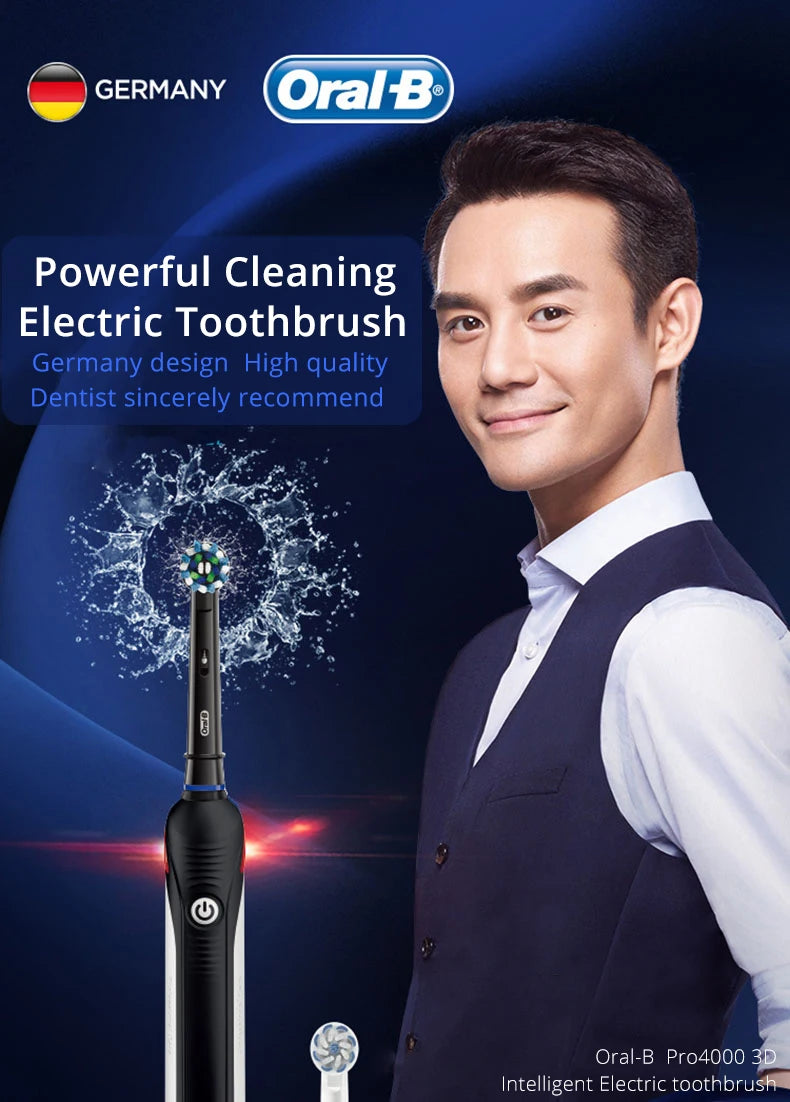 Oral-B Pro 4000 Electric Toothbrush – 3D Action, Pressure Sensor, 4 Modes, Gum Care, Waterproof