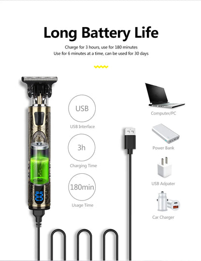 R.E.D. Shopping T9 LCD electric hair clipper with oil head precision trimmer for men, featuring a sleek black design and LCD display.