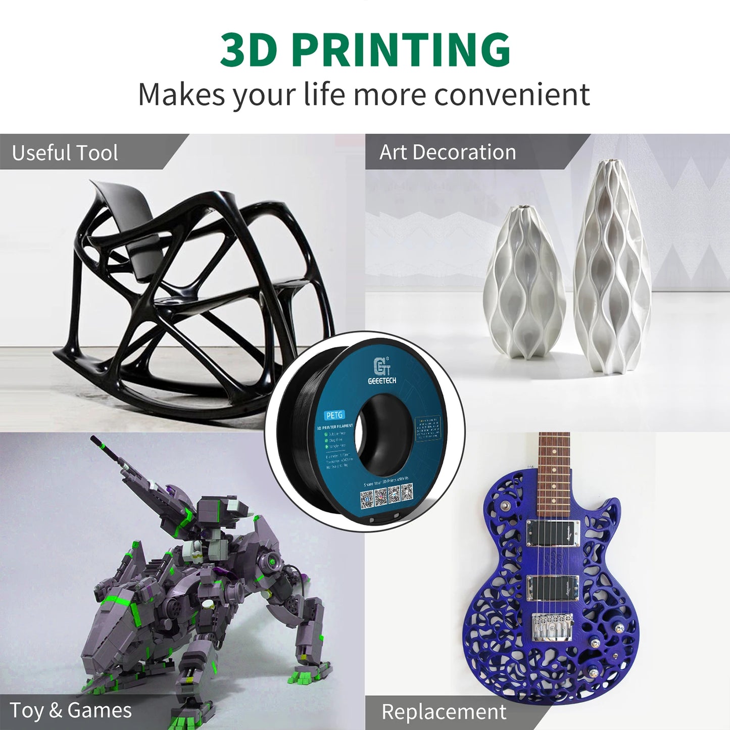 GEEETECH PETG 3D Printer Filament – 1.75mm, 1KG, Vacuum Packaging, Tangle-Free