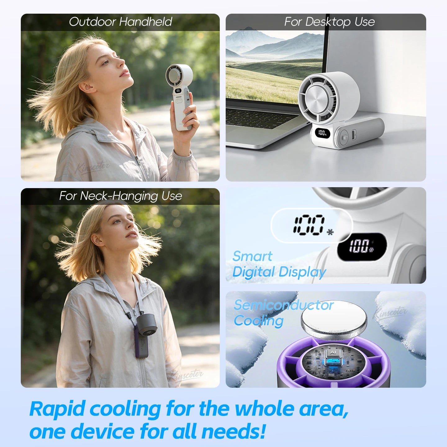KINSCOTER Foldable Handheld Fan – 3600mAh, 100-Speed, Ice Cooling