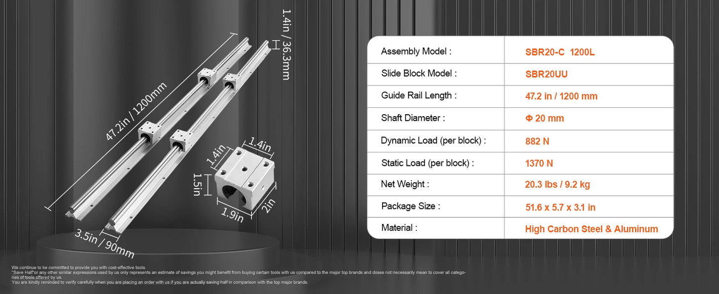 SBR Linear Guide Rails 800–2200mm with UU Bearing Blocks (2+4 Set)