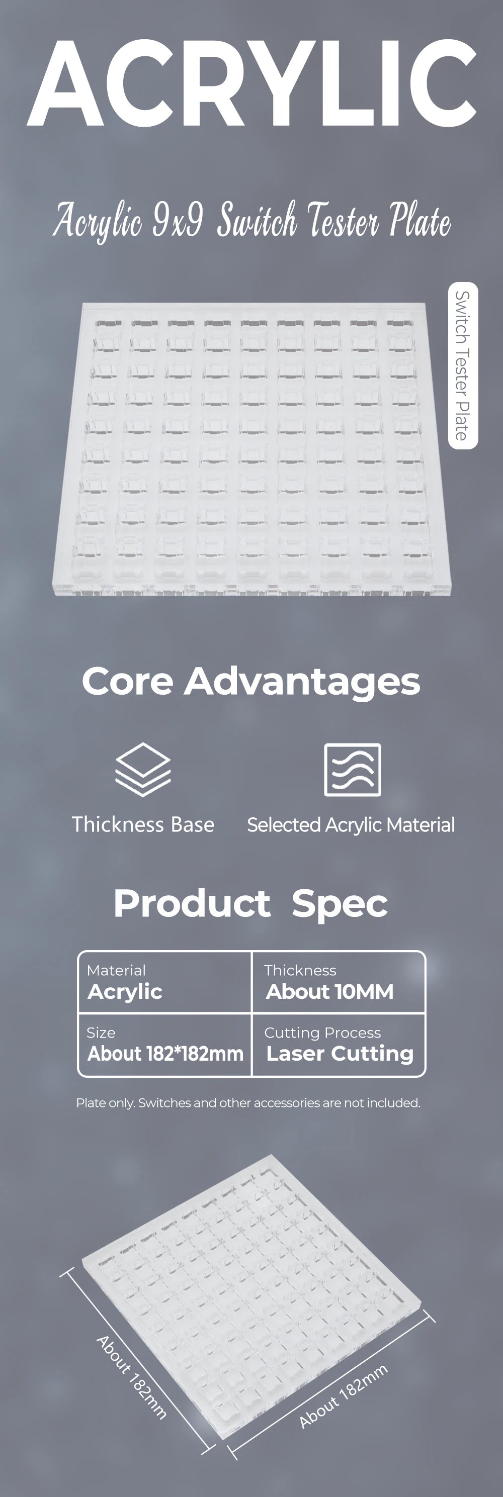 Acrylic Switch Tester 9x9 – Clear Housing, Cherry, TTC, Kailh, Outemu, HMX RGB Switches