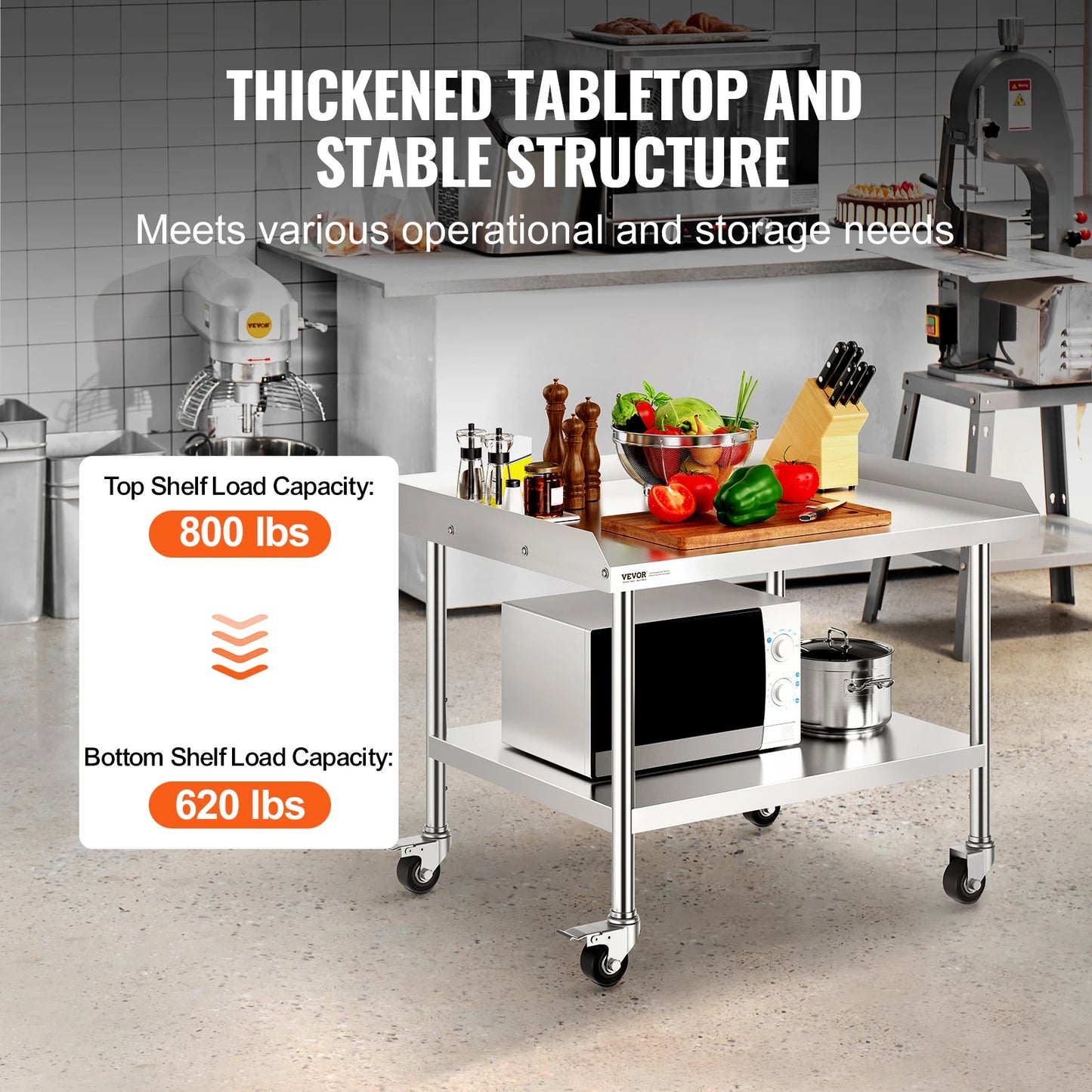 SucceBuy Stainless Steel Work Table – Commercial Food Prep Worktable with 4 Wheels, Heavy Duty