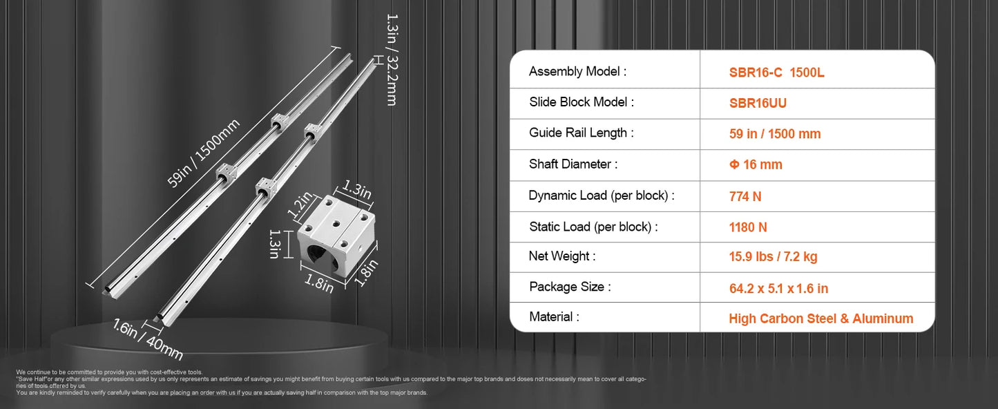 SBR Linear Guide Rails 800–2200mm with UU Bearing Blocks (2+4 Set)