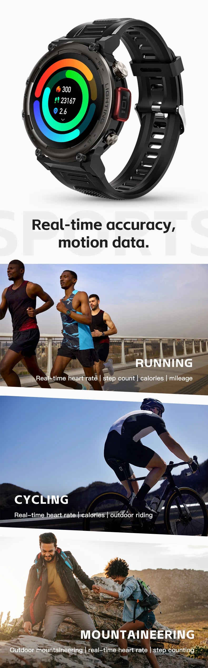 Imosi Outdoor Smart Watch with Flashlight – Sport Fitness Tracker, Blood Pressure, IP67