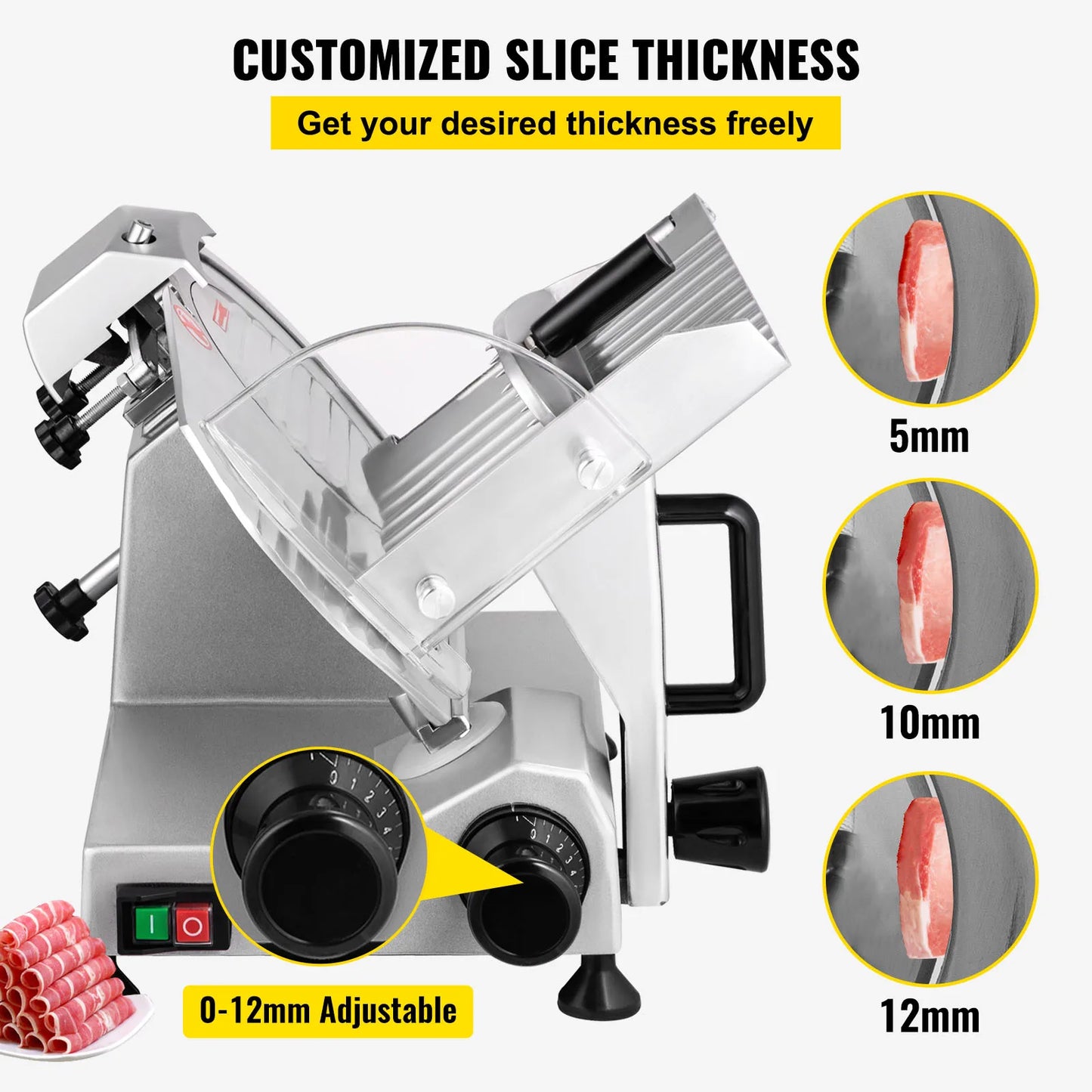 SucceBuy Electric Meat Slicer – 8"/10" Carbon Steel Blade, Adjustable Thickness