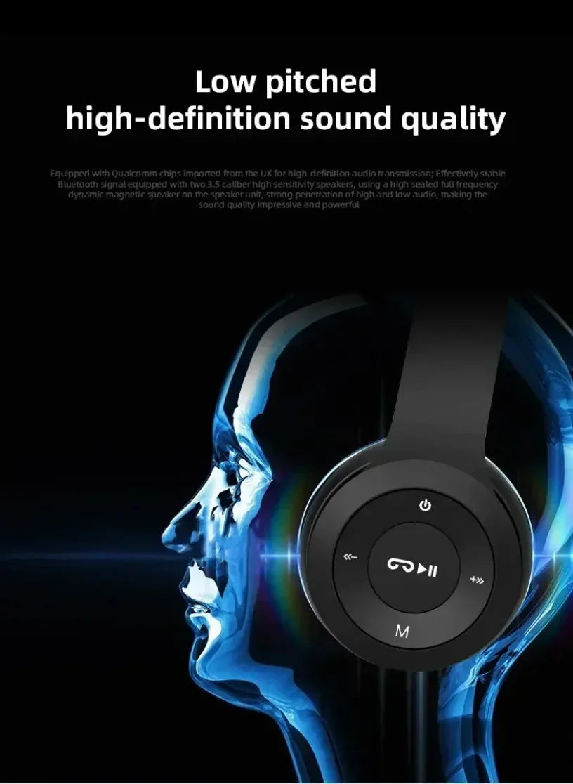 Wireless Bluetooth 5.0 foldable headset with head-mounted design, TF card slot, and wired connection for versatile audio use.