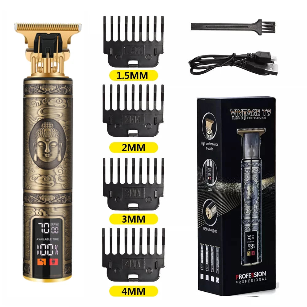 R.E.D. Shopping T9 LCD electric hair clipper with oil head precision trimmer for men, showing the sleek black design and adjustable blades.