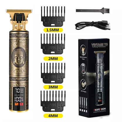 R.E.D. Shopping T9 LCD electric hair clipper with oil head precision trimmer for men, showing the sleek black design and adjustable blades.