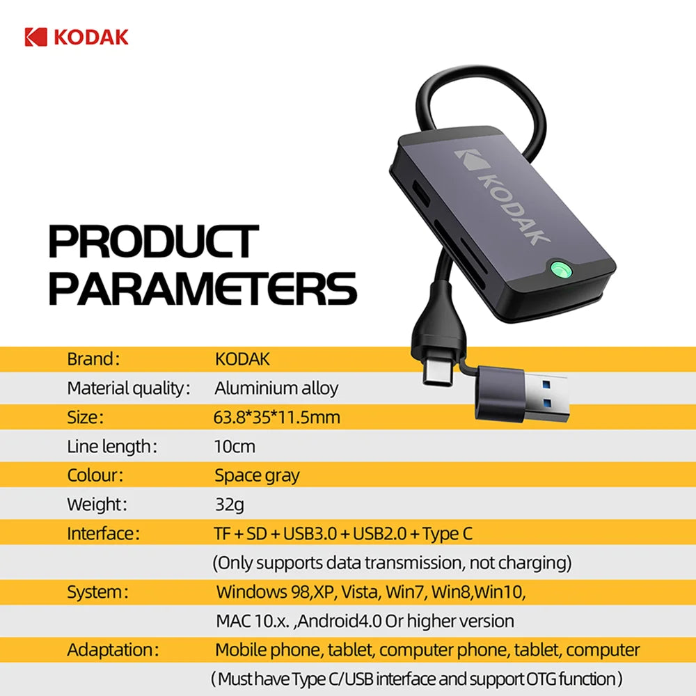 KODAK USB-C Hub – USB 3.0, SD & MicroSD Card Reader for Phone, Tablet, MacBook & Laptop