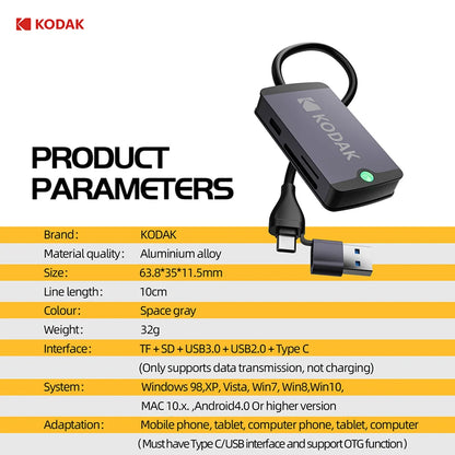 KODAK USB-C Hub – USB 3.0, SD & MicroSD Card Reader for Phone, Tablet, MacBook & Laptop