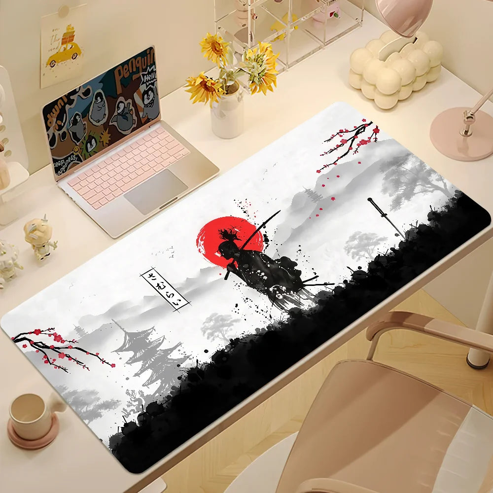 Large Japan Samurai Fantasy Mask mouse pad by R.E.D. Shopping featuring a detailed samurai mask design on a non-slip gaming desk mat.