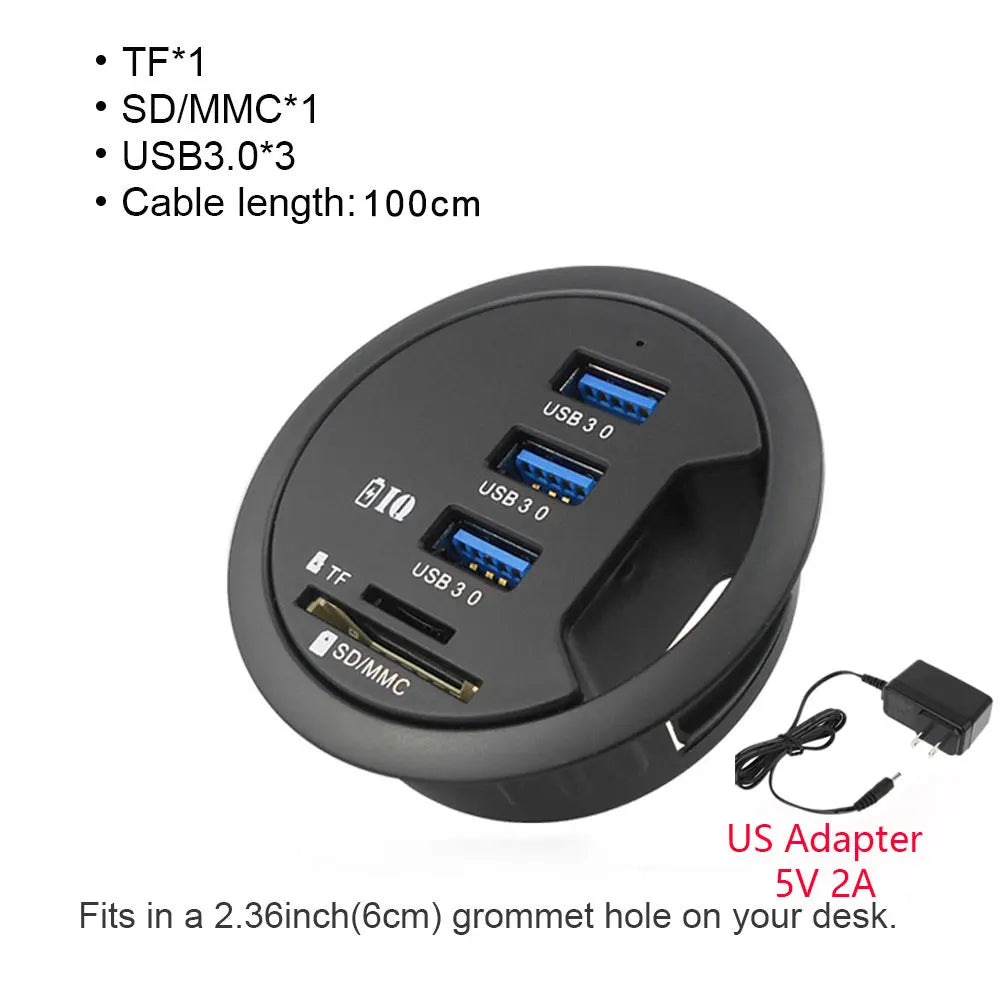 USB Desk Hub 5-in-1 – USB 3.0, Type-C, SD/TF Card Reader, 80cm Cable, Desktop Mount