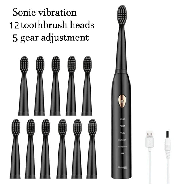 Rechargeable R.E.D. electric toothbrush with 5 modes, waterproof design, and 30-day battery life, ideal for oral care.
