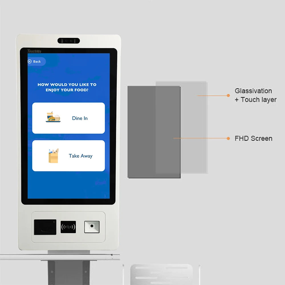 TouchWo 27-32 inch touchscreen self-service kiosk by R.E.D. Shopping, used for ticketing, payments, and ordering in retail settings.