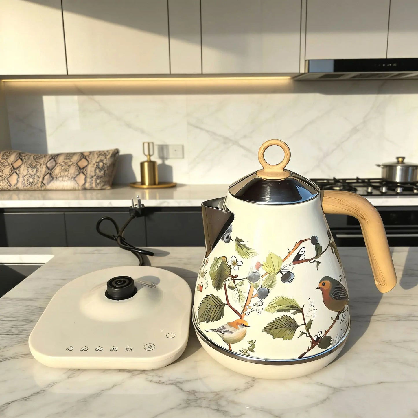 Retro Decal Electric Kettle – 1.7L, 304 Stainless Steel, Temperature Control, Wood Grain Handle