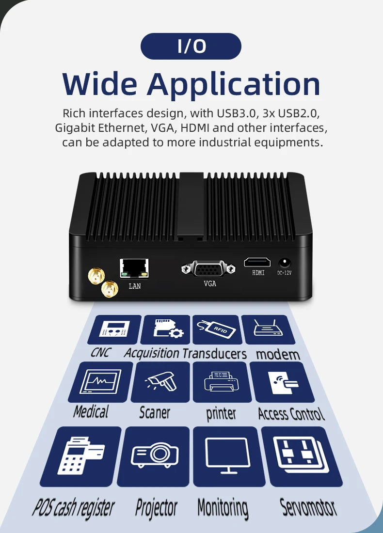 XCY Fanless Mini PC – Intel Celeron J1900, Quad-Core, Gigabit Ethernet, HDMI, VGA, WiFi, Windows/Linux