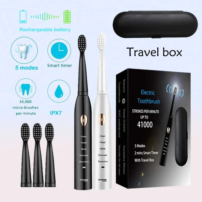 Rechargeable R.E.D. electric toothbrush with five modes, waterproof design, and 30-day battery life in a sleek personal care setting.