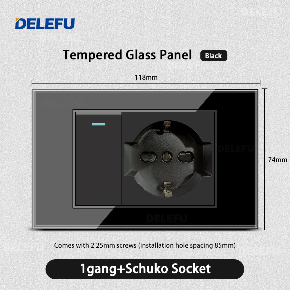 DELEFU Black Tempered Glass Wall Socket – USB Type-C Fast Charging Schuko & Italy