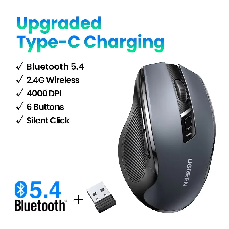 UGREEN MU006 Wireless Mouse – BT5.0 & 2.4G, 4000 DPI, 6 Silent Buttons, Ergonomic for MacBook & PC