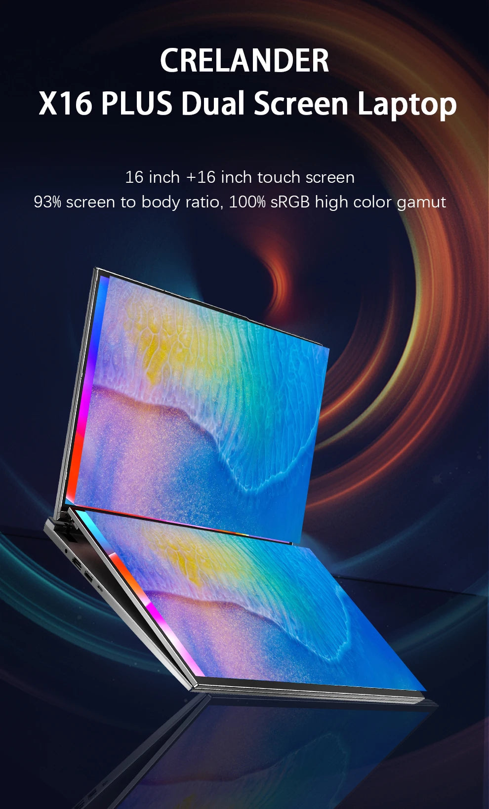 CRELANDER 16" Dual Touch Screen Laptop – Intel Core i7-1260P, 16/32/64GB DDR4, up to 4TB SSD, Windows 11