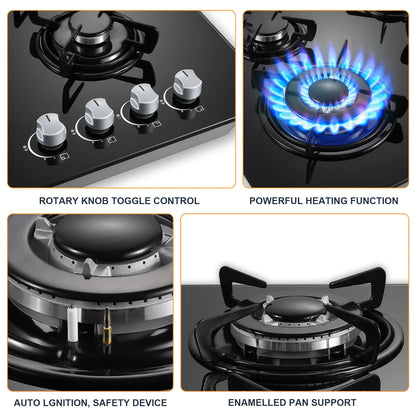 TopStrong 60cm 4-Burner Built-In Gas Hob – Black Tempered Glass, 8060W Dual Fuel
