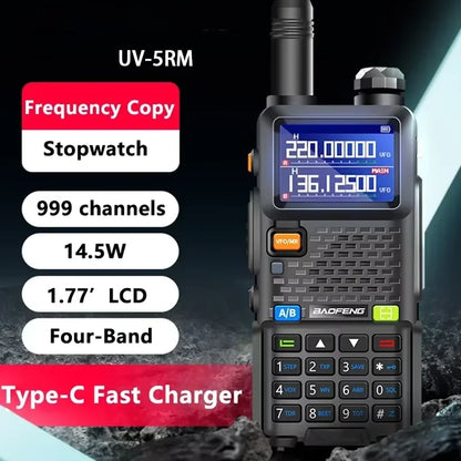 Baofeng UV-5RM walkie talkie with 999 channels, four-band radio, and 3800mAh battery, shown with display and controls.