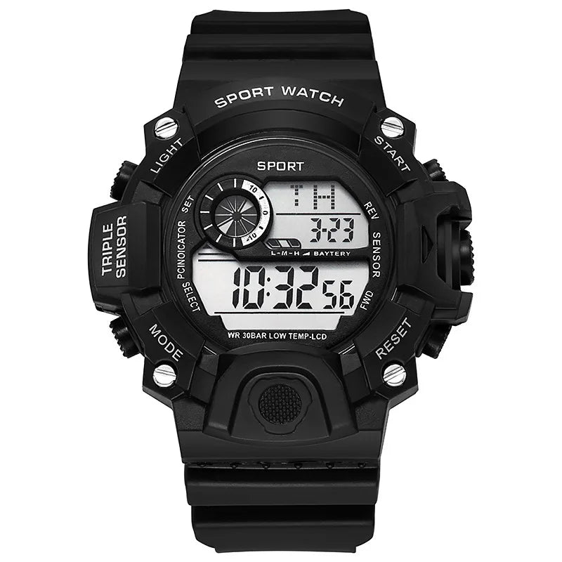 Men's sports electronic wristwatch with large dial, waterproof design, luminous display, and alarm from R.E.D. Shopping
