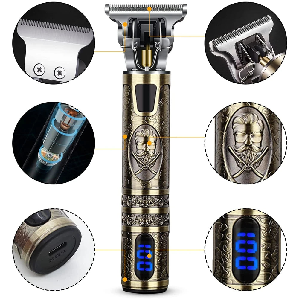 R.E.D. Shopping T9 LCD electric hair clipper with oil head precision trimmer for men, featuring a sleek black design and adjustable blades.