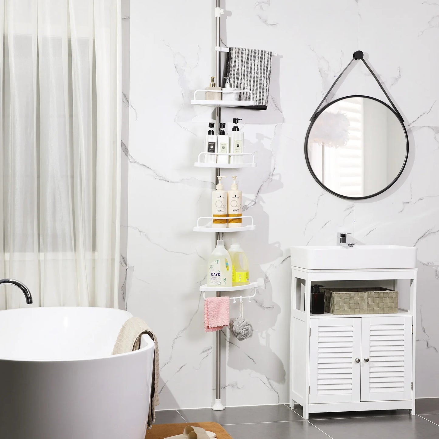 Stainless steel 4-tier adjustable shower caddy in corner style, ideal for organizing bathroom essentials