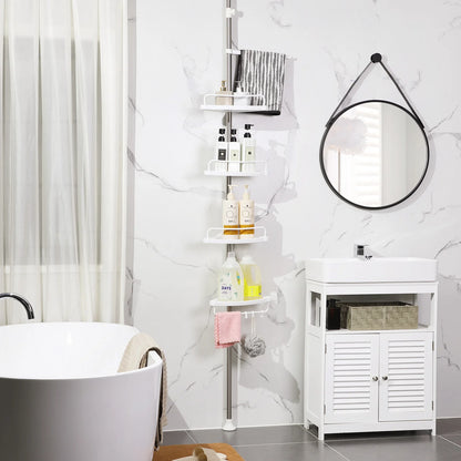 Stainless steel 4-tier adjustable shower caddy in corner style, ideal for organizing bathroom essentials