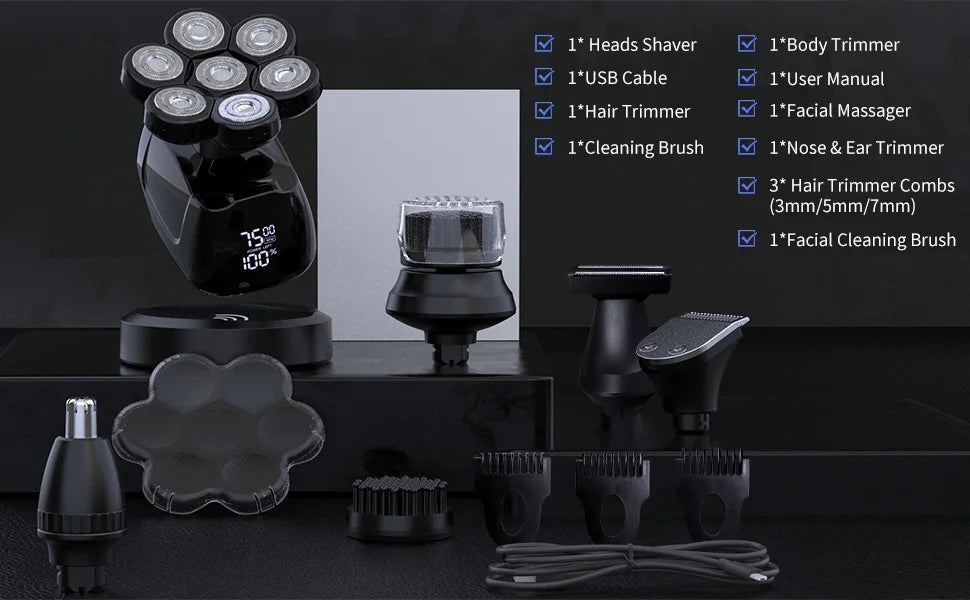 SEJOY 7D Head Shaver for Men – 6-in-1 Electric Razor, Nose Trimmer, Waterproof, 85min Runtime