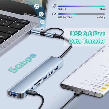 USB-C Hub 8 in 1 – HDMI, SD/TF Card Reader, RJ45, 3.5mm Aux, USB 3.1 for MacBook, Laptop, Tablet