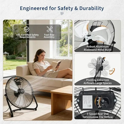 Heavy Duty Industrial Floor Fan 12–20" – 3 Speeds, 4800 CFM, 360° Tilt, High Velocity