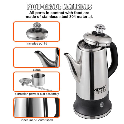 SucceBuy 12-Cup Electric Percolator Coffee Pot | 304 Stainless Steel, Keep Warm Function