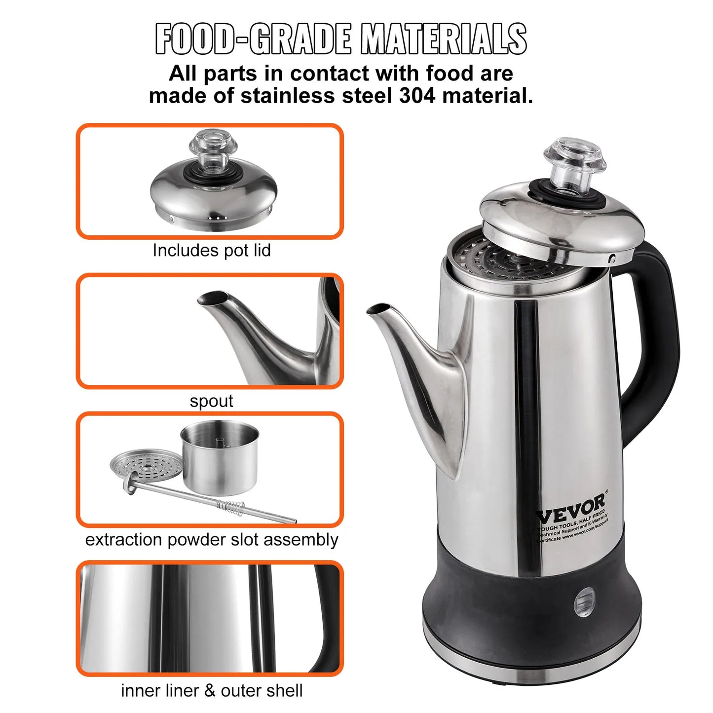 SucceBuy 12-Cup Electric Coffee Percolator – 304 Stainless Steel, Keep Warm, 1.8L