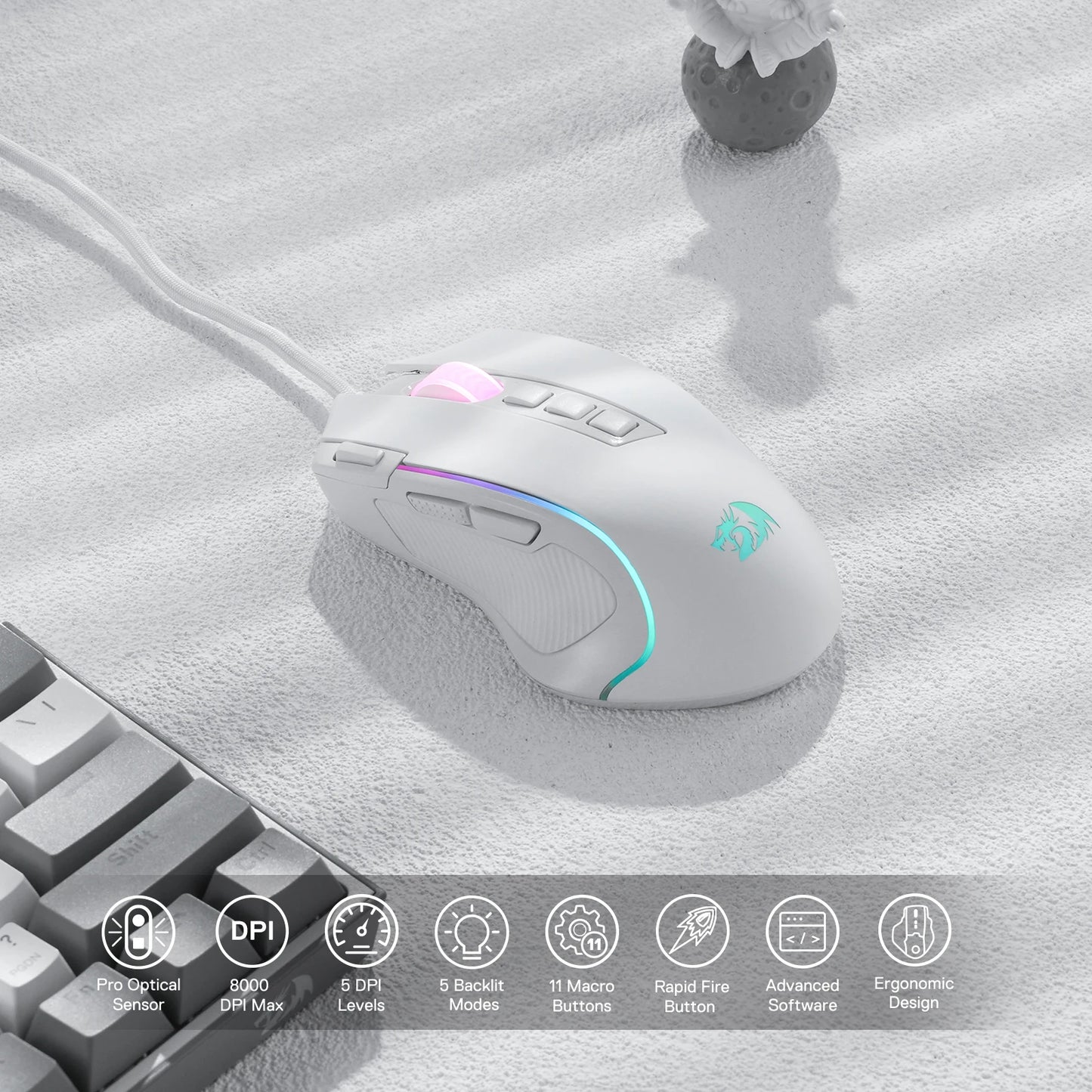 Redragon M612 Predator RGB Gaming Mouse — 8000 DPI, 11 Programmable Buttons, White