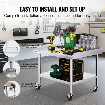 SucceBuy Stainless Steel Work Table – Commercial Food Prep Worktable with 4 Wheels, Heavy Duty