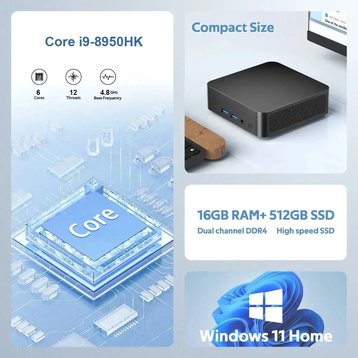 Mini PC – Intel Core i9-8950HK, 16GB LPDDR4, 1TB/2TB SSD, WiFi 6, BT 5.2, Windows 11, UHD Graphics