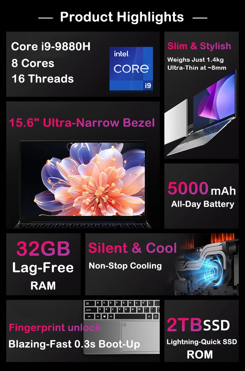 Ultra Slim Laptop 15.6" – Intel Core i9-9900, 32GB RAM, 2TB SSD, Windows 11 Pro, Full HD