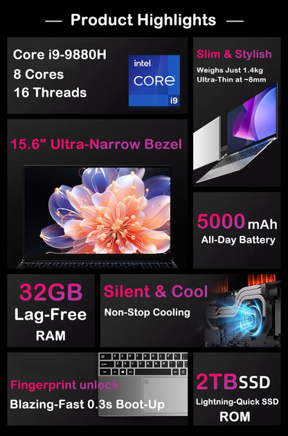 Ultra Slim Laptop 15.6" – Intel Core i9-9900, 32GB RAM, 2TB SSD, Windows 11 Pro, Full HD