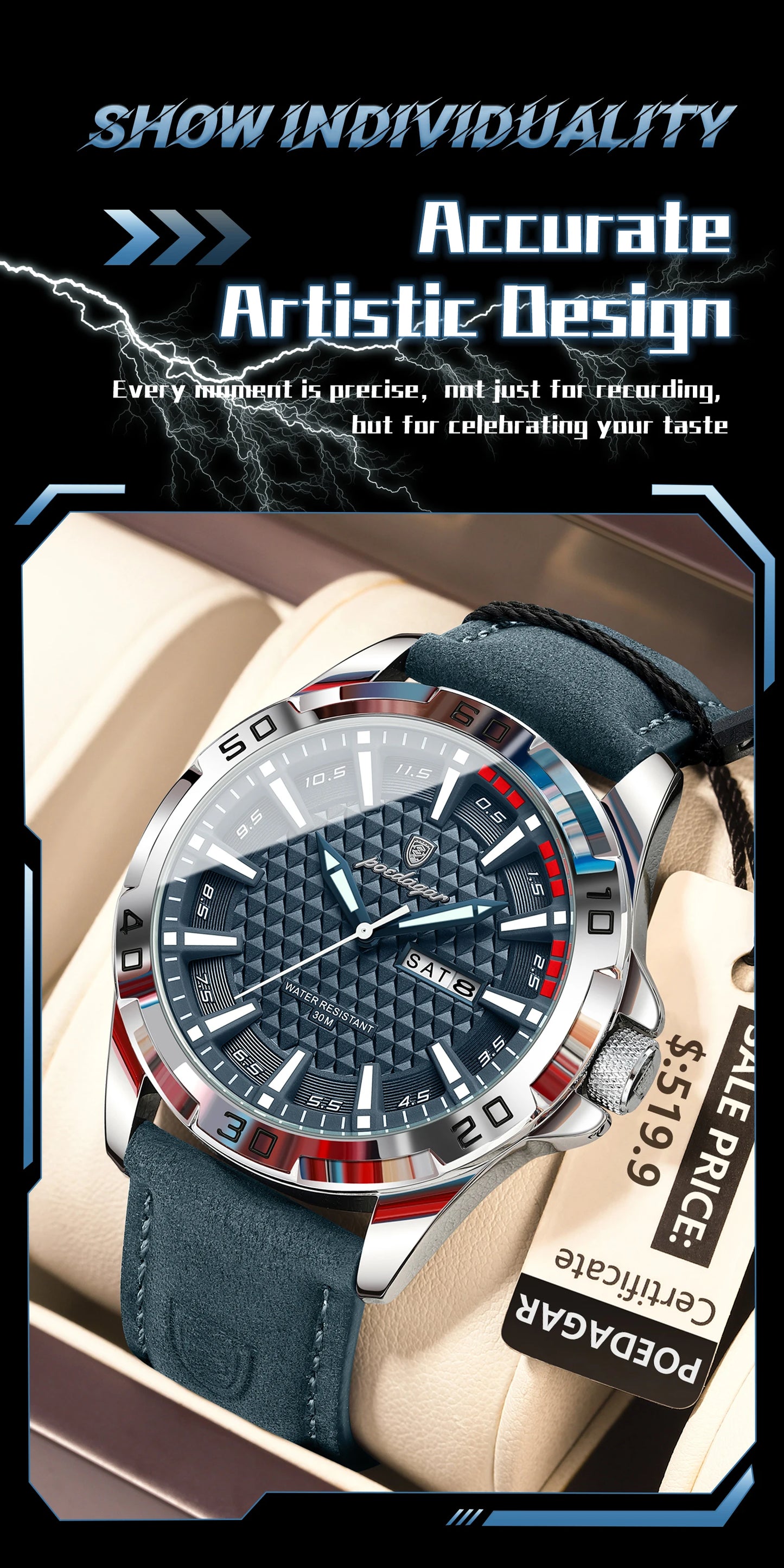 POEDAGAR Men's Luxury Wristwatch – Waterproof, Luminous, Date & Week Display, Quartz Sport Leather