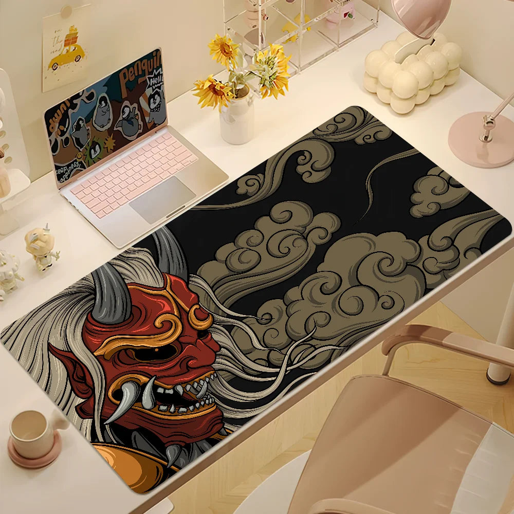 Large Japan Samurai Fantasy Mask mouse pad featuring vibrant Japanese warrior design, non-slip surface for gaming and computer use.