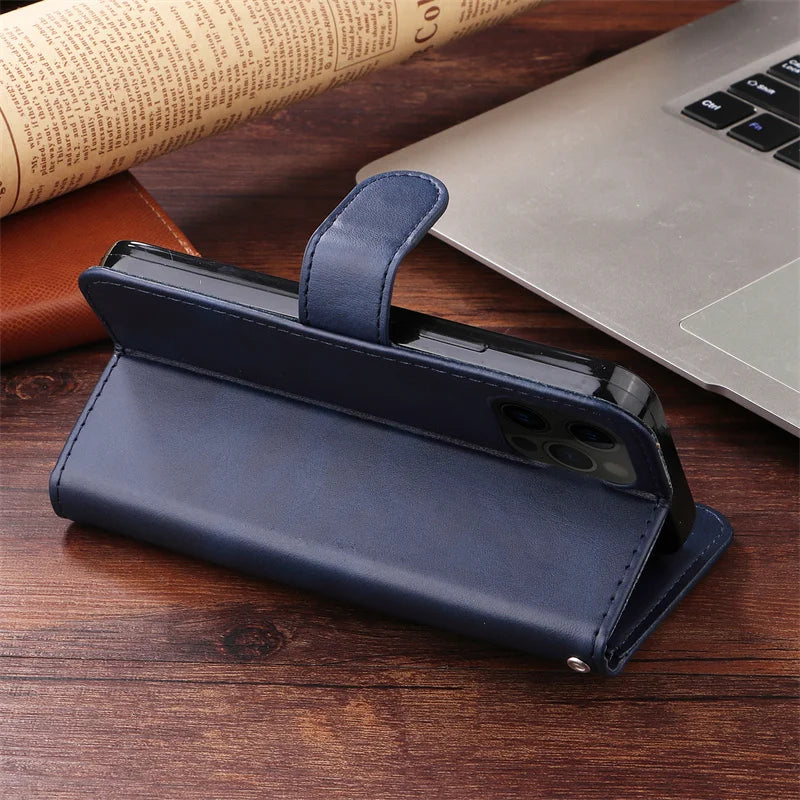 Leather iPhone 16 Plus zipper wallet case with card slots and magnetic stand, offering protection and convenient storage for mobile phones.