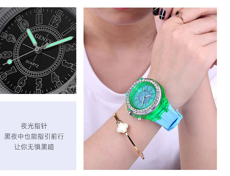 LED Flash Luminous Watch by R.E.D. Shopping featuring rhinestones and silicone strap, suitable for kids and adults.