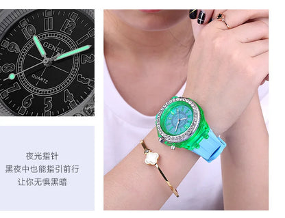 LED Flash Luminous Watch by R.E.D. Shopping featuring rhinestones and silicone strap, suitable for kids and adults.